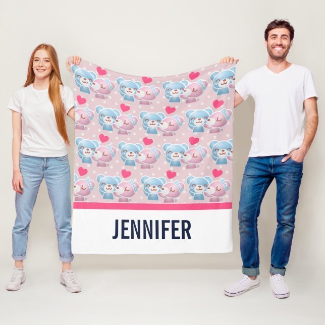 Kissing Bears Pattern on Polka Dots Fleece Blanket (In Situ)