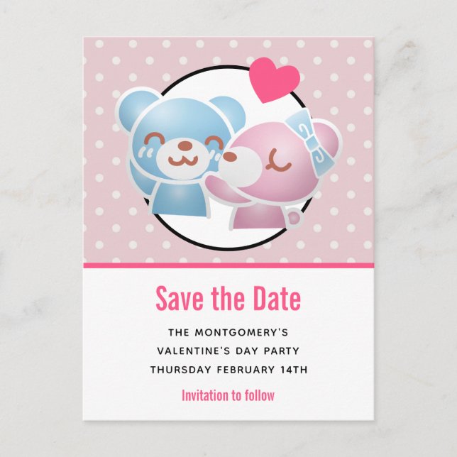Kissing bears Valentine's Party Save the Date Postcard (Front)