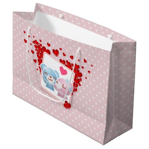 Kissing Bears with Hearts on a Polka Dot Pattern Large Gift Bag