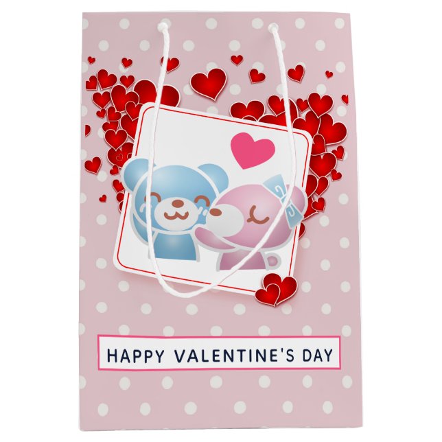 Kissing bears with Red Hearts Valentine's Medium Gift Bag (Front)