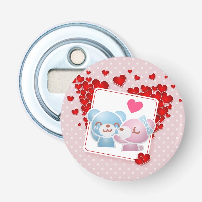 Kissing bears with Red Love Hearts All Around Bottle Opener (Front)