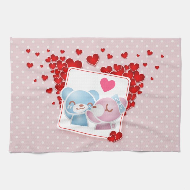 Kissing bears with Red Love Hearts All Around Kitchen Towel (Horizontal)