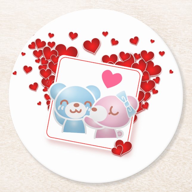 Kissing bears with Red Love Hearts All Around Round Paper Coaster (Front)