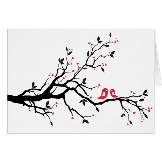Kissing bird on tree branch with red heart leaves (Front Horizontal)