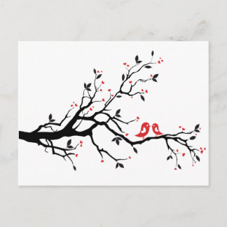 Kissing bird on tree branch with red heart leaves postcard