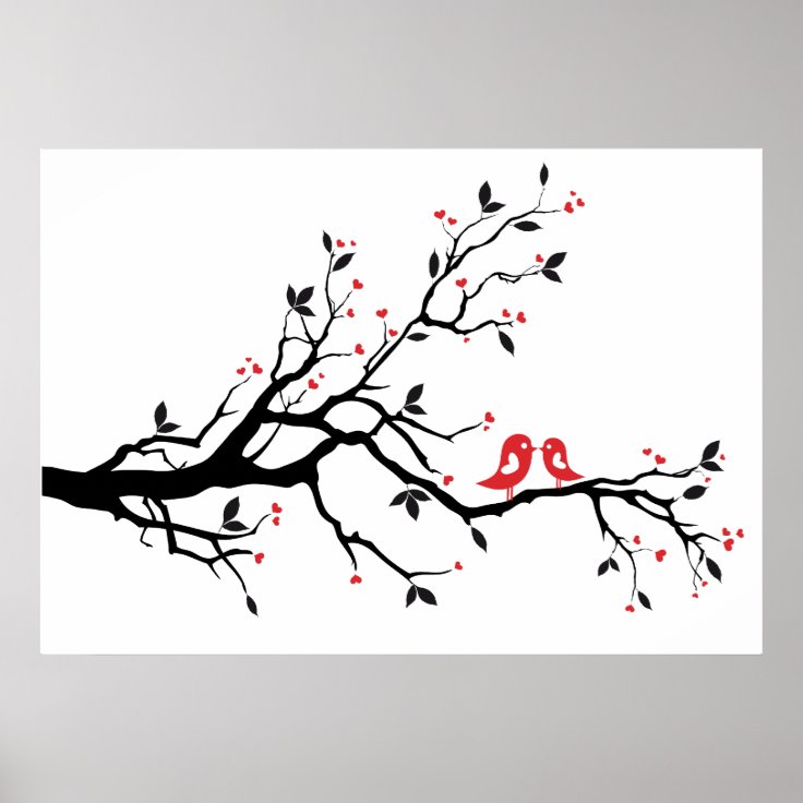 Kissing bird on tree branch with red heart leaves poster | Zazzle