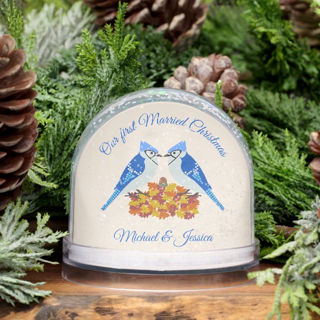 Kissing Blue Jays Fall First Married Christmas Snow Globe (Winter)