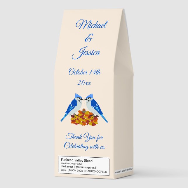 Kissing Blue Jays Fall Wedding Custom Favor Roasted Coffee (Front)