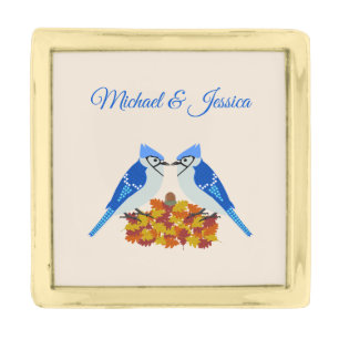Kissing Blue Jays Fall Wedding Custom Gold Finish Lapel Pin