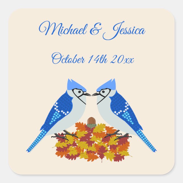 Kissing Blue Jays Fall Wedding Custom Square Sticker (Front)
