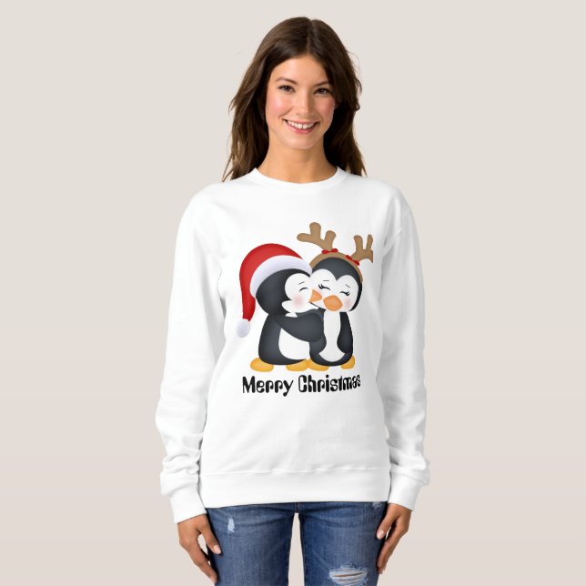 Kissing Christmas Holiday penguins add message Sweatshirt (Front Full)