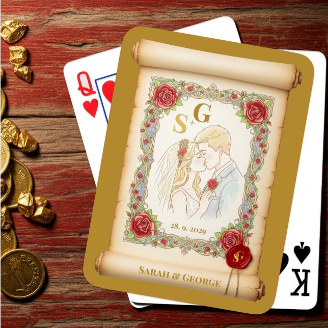 Kissing Couple Monogrammed, Gold, Wedding Scroll Poker Cards (Creator Uploaded)