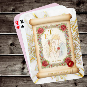Kissing Couple Monogrammed, Roses, Wedding Scroll Poker Cards