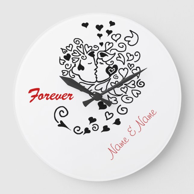 Kissing Couple Profile Hearts Hair Forever Clock (Front)