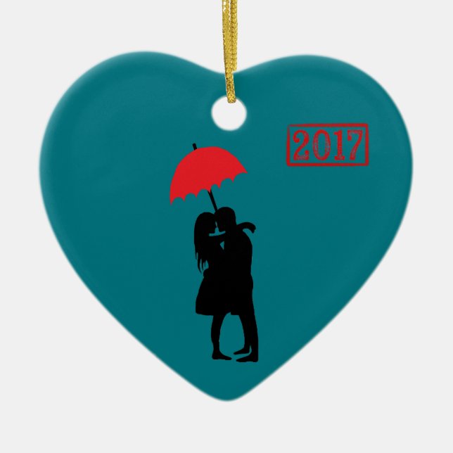 Kissing Couple Red Umbrella 2017 Ceramic Ornament (Front)