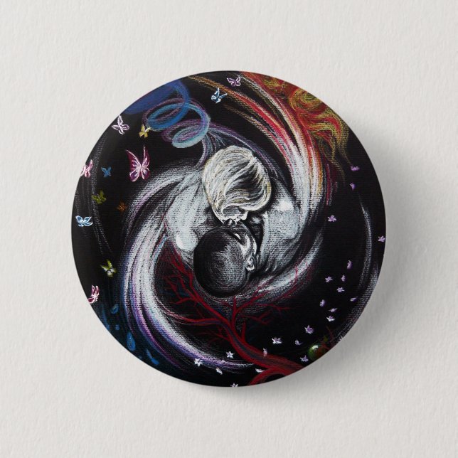 Kissing couple Yin Yang Love Surreal drawing art Button (Front)