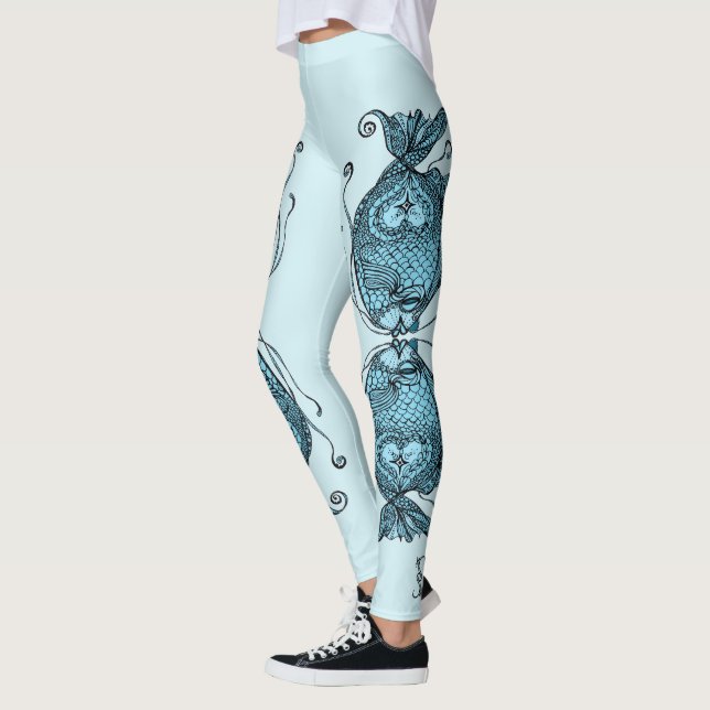Kissing Fish Art Aqua Blue Leggings (Left)