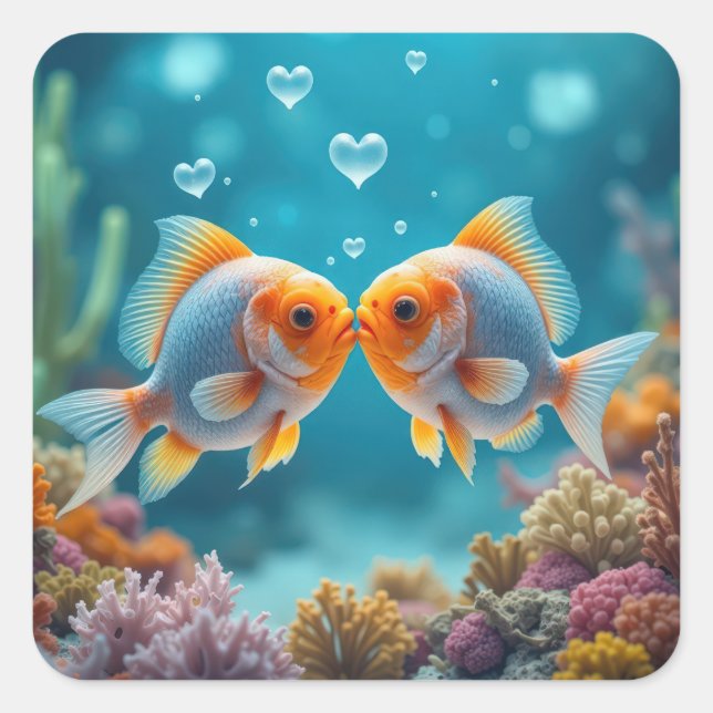 Kissing Fish With Heart Bubbles Square Sticker (Front)