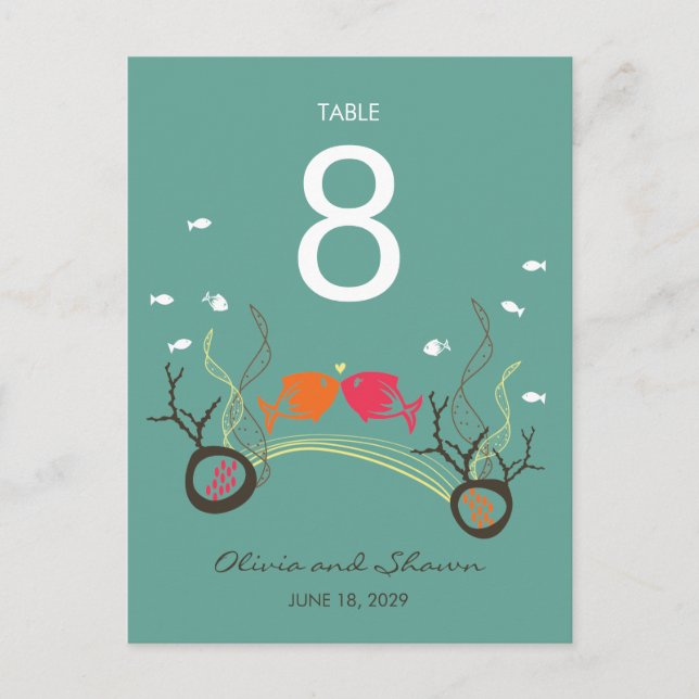 Kissing Fishes & Corals Beach Wedding Table Number (Front)