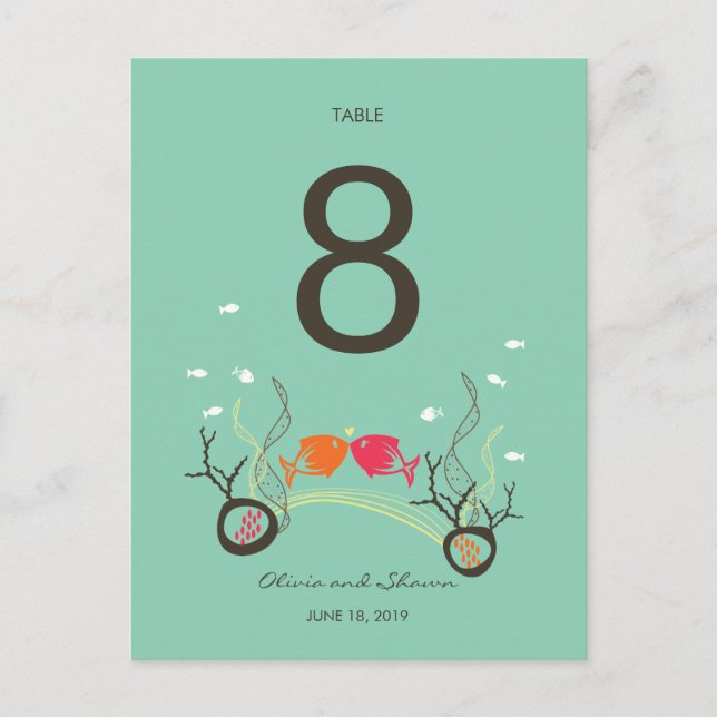 Kissing Fishes Corals Beach Wedding Table Number (Front)