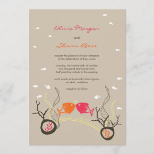 Kissing Fishes Corals Beach Whimsical Cute Wedding Invitation