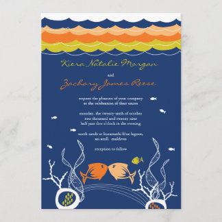 Kissing Fishes Corals Beach Whimsical Cute Wedding Invitation