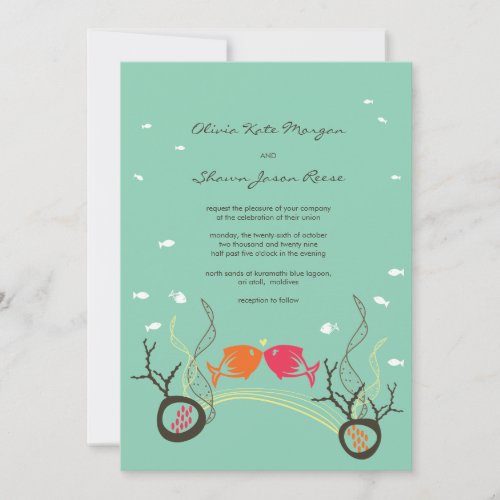 Kissing Fishes Corals Beach Whimsical Cute Wedding Custom Announcements