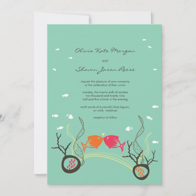 Kissing Fishes Corals Beach Whimsical Cute Wedding Invitation (Front)