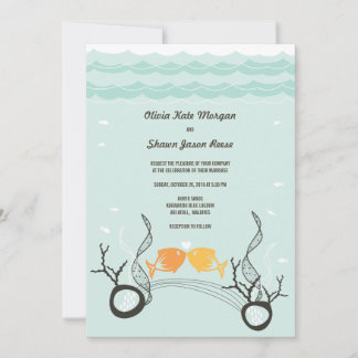 Kissing Fishes Corals Beach Whimsical Cute Wedding Invitation