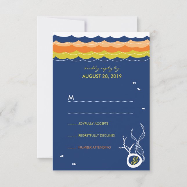 Kissing Fishes Corals Beach Whimsical Wedding RSVP Card (Front)