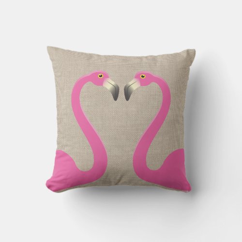 Kissing Flamingos Burlap Linen Outdoor Pillow