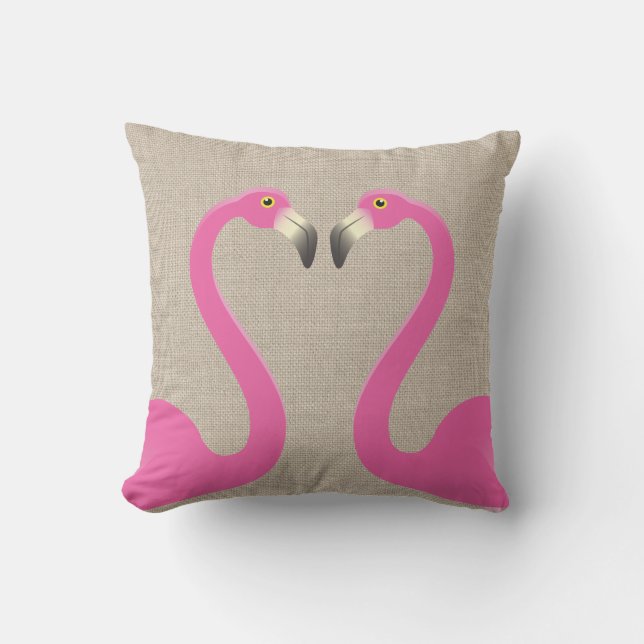 Kissing Flamingos Burlap Linen Outdoor Pillow (Front)