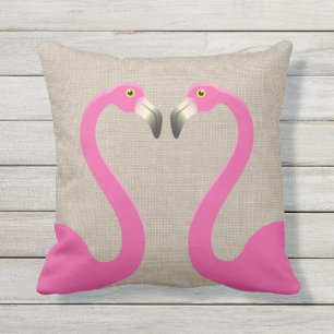 Kissing Flamingos Burlap Linen Outdoor Pillow