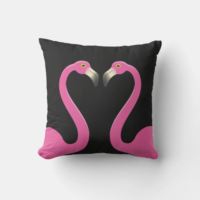 Kissing Flamingos on Black Outdoor Pillow (Front)