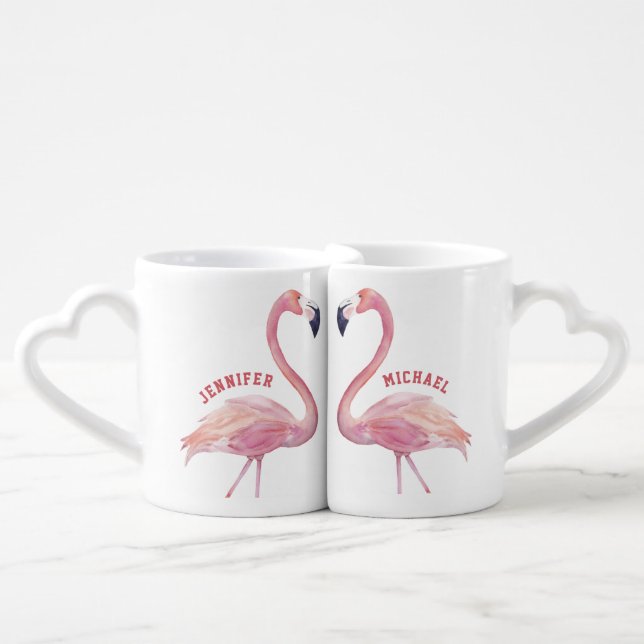 Kissing Flamingos Personalized Coffee Mug Set (Front Nesting)