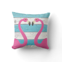Kissing Flamingos Turquoise Outdoor Pillow