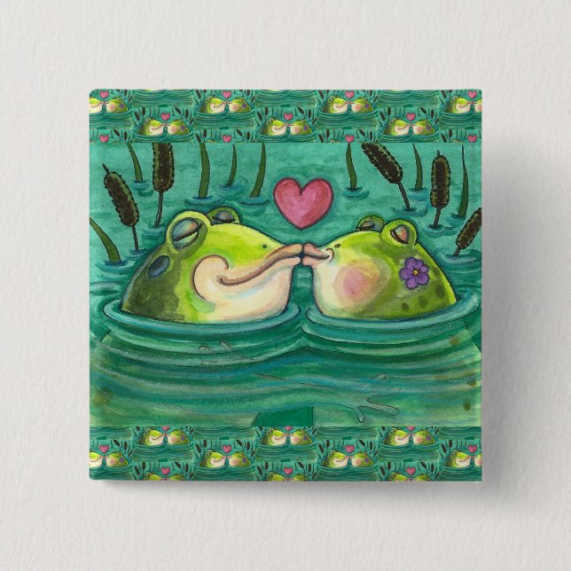 KISSING FROGS COLORFUL & CUTE POND ROMANCE, FUNNY  BUTTON (Front)