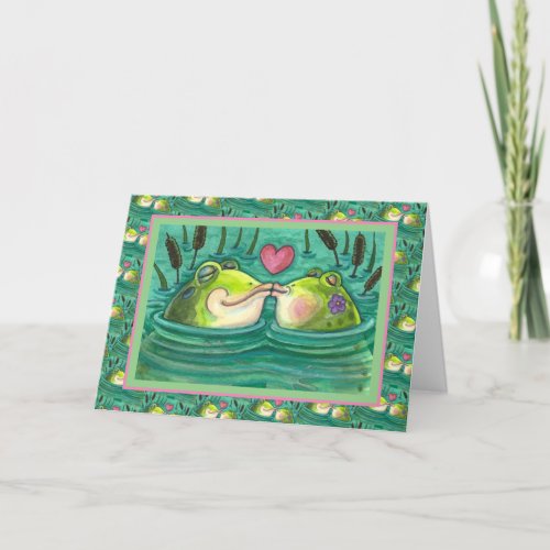 KISSING FROGS COLORFUL  CUTE POND ROMANCE FUNNY HOLIDAY CARD
