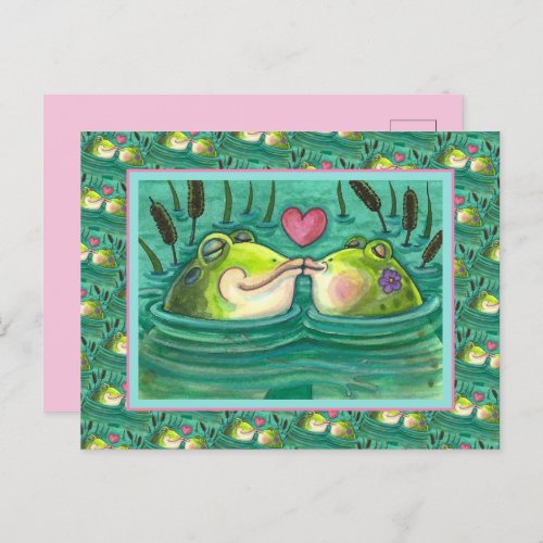 KISSING FROGS COLORFUL  CUTE POND ROMANCE FUNNY HOLIDAY POSTCARD