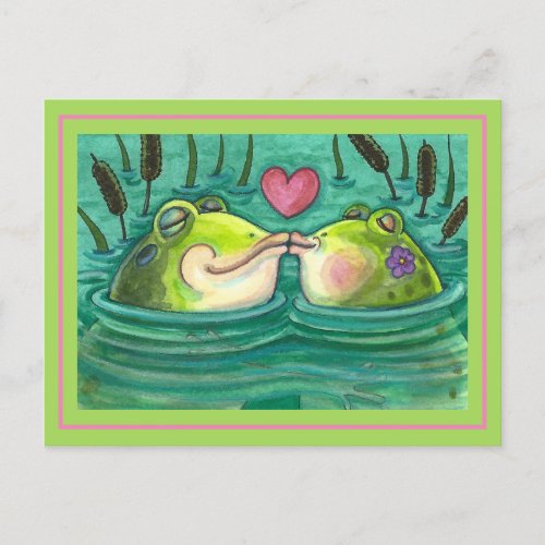 KISSING FROGS COLORFUL  CUTE POND ROMANCE FUNNY POSTCARD