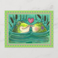 KISSING FROGS COLORFUL & CUTE POND ROMANCE, FUNNY POSTCARD