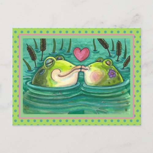 KISSING FROGS COLORFUL  CUTE POND ROMANCE FUNNY POSTCARD