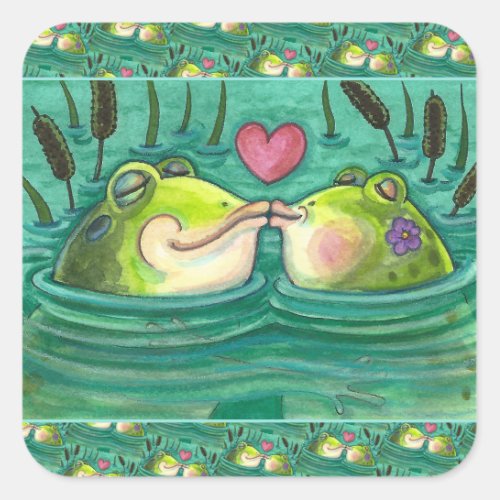 KISSING FROGS COLORFUL  CUTE POND ROMANCE FUNNY SQUARE STICKER