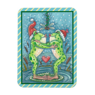 KISSING FROGS, DRAGONFLY MISTLETOE HOLIDAY MAGNET