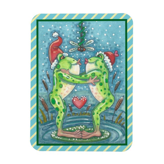 KISSING FROGS, DRAGONFLY MISTLETOE HOLIDAY MAGNET (Vertical)