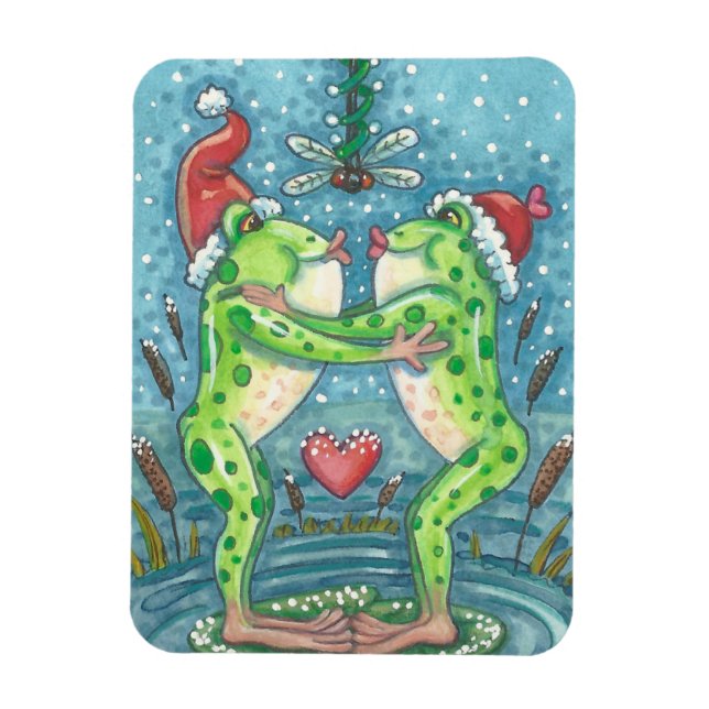KISSING FROGS, DRAGONFLY MISTLETOE HOLIDAY MAGNET (Vertical)