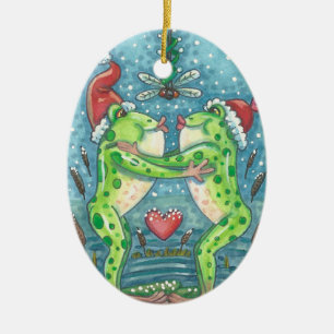 KISSING FROGS, DRAGONFLY MISTLETOE ORNAMENT Oval