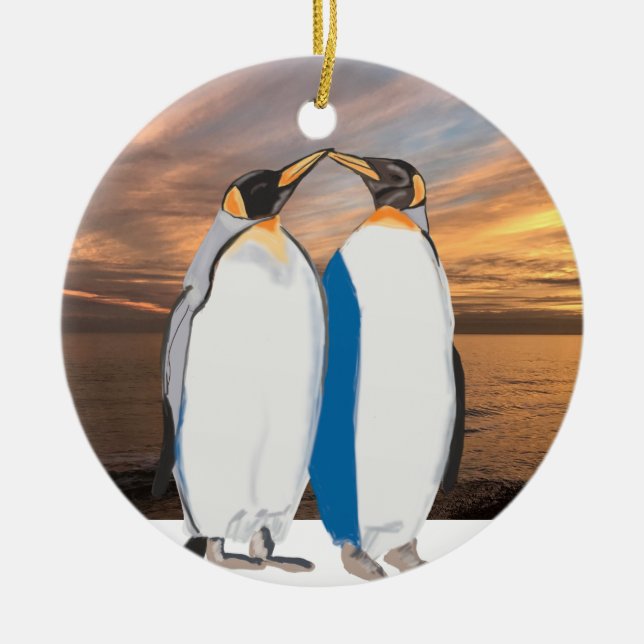 Kissing King Penguin Pair in Artic Ceramic Ornament (Front)