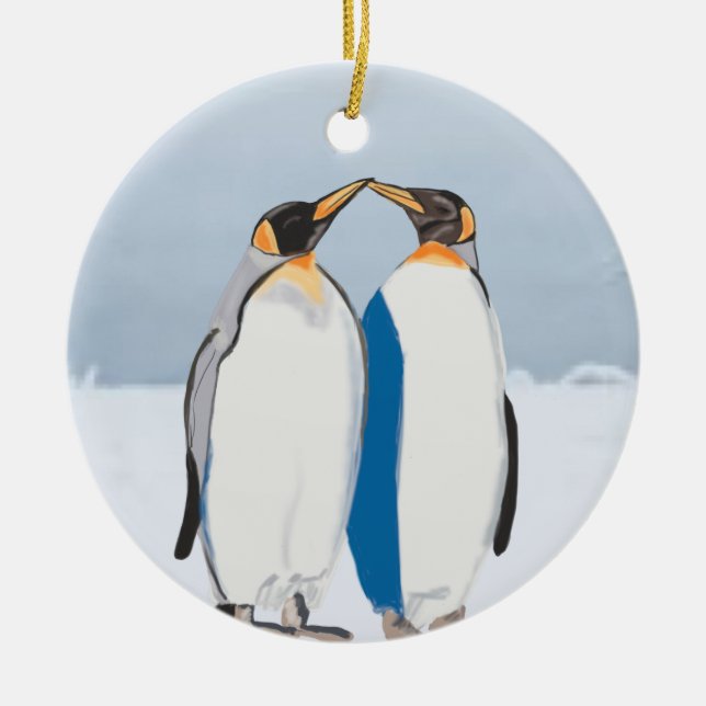 Kissing King Penguin Pair in Artic Ceramic Ornament (Front)