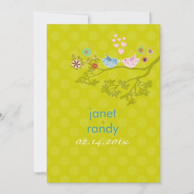 Kissing Love Birds floating hearts/polka dots Invitation (Front)